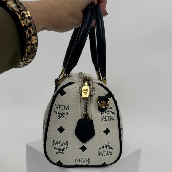 MCM Navy Blue and White Monogram Rare Boston Mini Top Handle Bag - Picture 4 of 6